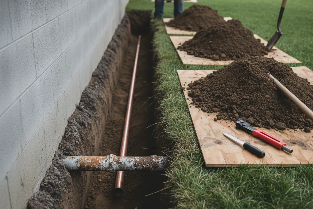 Excavated water line trench during Sewer Line Repair in Hana